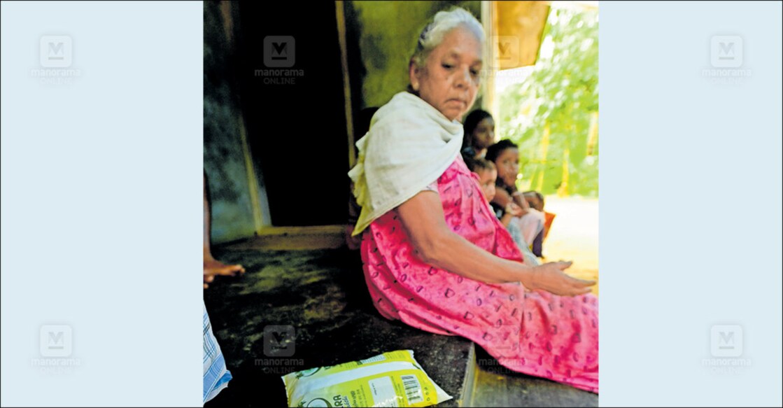 അത്ര നല്ല എണ്ണയല്ല... സംസ്ഥാനത്തെ ആദിവാസി വിഭാഗത്തിന് മഴക്കാല ഭക്ഷ്യസഹായ പദ്ധതി പ്രകാരം പട്ടികവർഗ വകുപ്പ് വിതരണം ചെയ്ത ഭക്ഷ്യക്കിറ്റിലുള്ള വെളിച്ചെണ്ണ പാക്കറ്റുകൾക്കു സമീപമിരിക്കുന്ന ഇടുക്കി വെണ്ണിയാനി സ്വദേശി ചെല്ലമ്മ. ചെല്ലമ്മയ്ക്കും കുടുംബത്തിലെ 9 പേർക്കും ഭക്ഷ്യവിഷബാധയേറ്റിരുന്നു. ചിത്രം: മനോരമ 