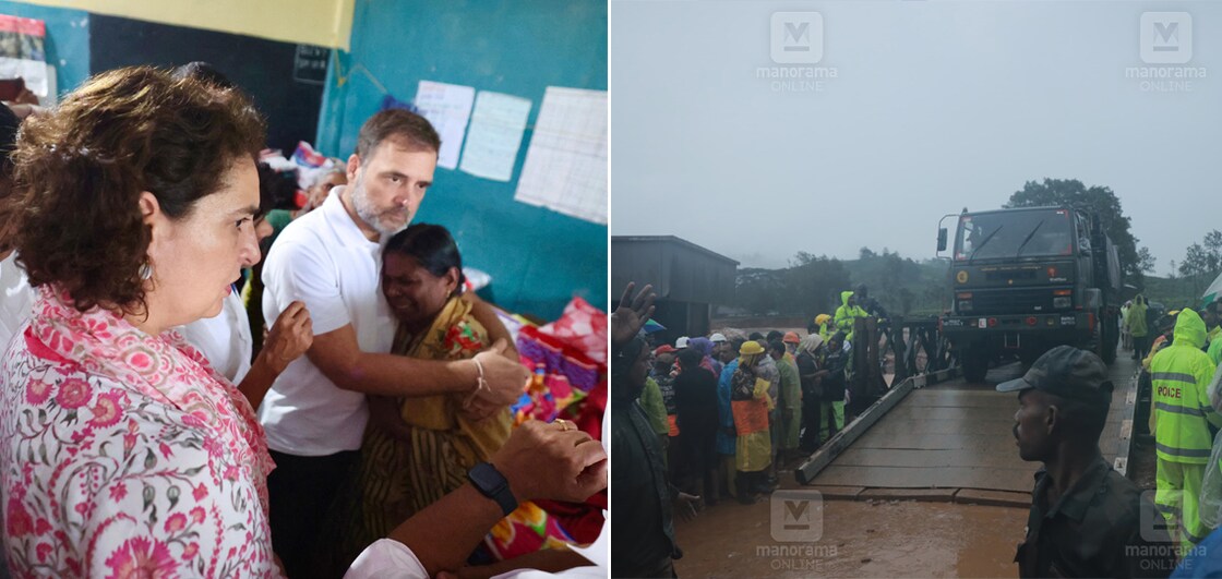 ദുരന്തബാധിതരെ ആശ്വസിപ്പിക്കുന്ന രാഹുൽ ഗാന്ധി, പണി പൂർത്തിയായ ബെയ്‍ലി പാലം