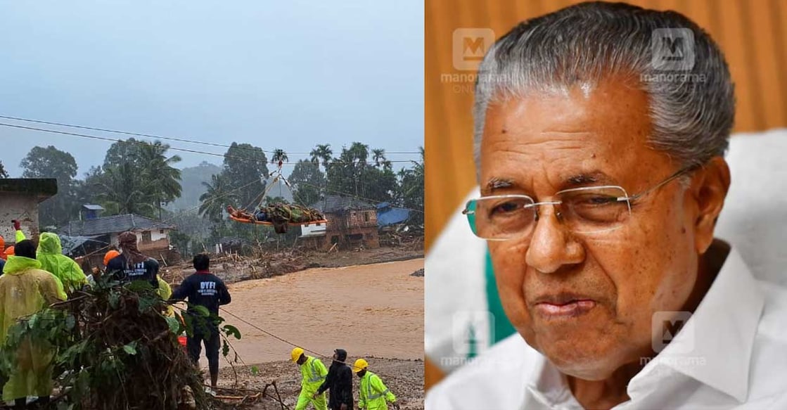 cm-wayanad വയനാട്ടിൽ ഉരുൾപൊട്ടലുണ്ടായ സ്ഥലത്ത് രക്ഷാപ്രവർത്തനം, മുഖ്യമന്ത്രി പിണറായി വിജയൻ. ചിത്രം: മനോരമ