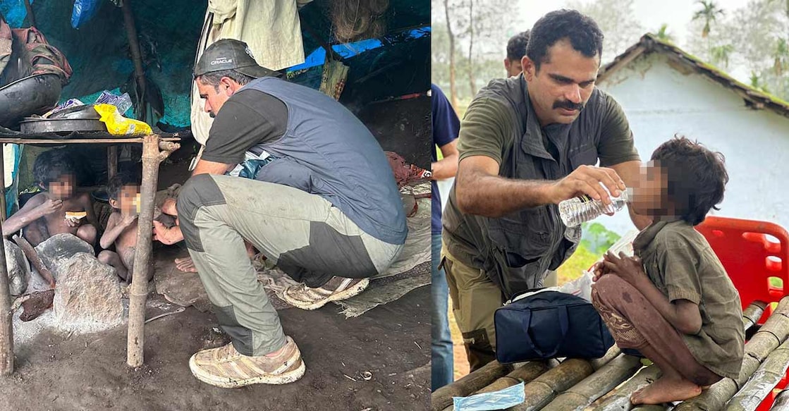 അട്ടമലയിലെ ഏറാട്ടുകുണ്ട് ഊരിലെ പാറപ്പൊത്തിൽനിന്ന് 3 പിഞ്ചുകുഞ്ഞുങ്ങളടങ്ങുന്ന ആദിവാസി കുടുംബത്തെ കൽപറ്റ റേഞ്ച് ഫോറസ്റ്റ് ഓഫിസർ ആഷിഫ് കേളോത്ത്, മുണ്ടക്കയം സെക്ഷൻ ഫോറസ്റ്റ് ഓഫിസർ ജയചന്ദ്രൻ, കല്പറ്റ റെയ്ഞ്ച് ബീറ്റ് ഫോറസ്റ്റ് ഓഫിസർ കെ.അനിൽ കുമാർ, കല്പറ്റ ആർആർടി അംഗം അനൂപ് തോമസ് എന്നിവരടങ്ങിയ സംഘം രക്ഷിക്കുന്നു. ചിത്രങ്ങൾക്ക് കടപ്പാട്: ആഷിഫ് കേളോത്ത്