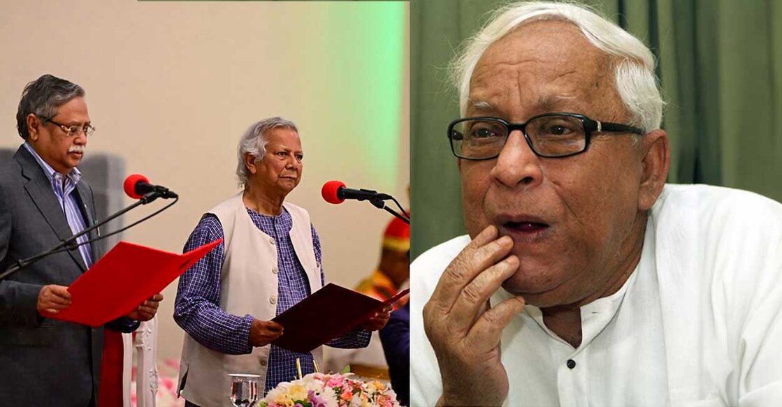 yunus-buddhadeb മുഹമ്മദ് യൂനുസ് സത്യപ്രതിജ്ഞ ചെയ്യുന്നു. (Photo by Munir UZ ZAMAN / AFP), ബുദ്ധദേവ് ഭട്ടാചാര്യ. Image Credit: PTI