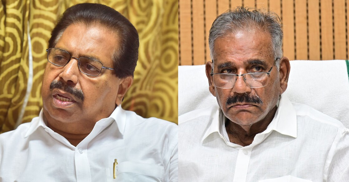 Saseendren-chacko 1. എൻസിപി സംസ്ഥാന അധ്യക്ഷൻ പി.സി.ചാക്കോ, 2. മന്ത്രി എ.കെ.ശശീന്ദ്രൻ (ചിത്രം : മനോരമ)
