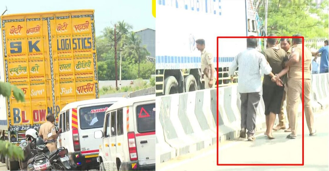 atm-robbers-caught 1. എടിഎം കവർച്ചാ സംഘം സഞ്ചരിച്ചിരുന്ന കണ്ടെയ്നർ ലോറി നാമക്കല്ലിൽ വച്ച് പൊലീസ് പിടികൂടിയപ്പോൾ, 2. മോഷണസംഘാംഗത്തെ പൊലീസ് കീഴ്പ്പെടുത്തുന്നു (Photo : Special Arrangement)