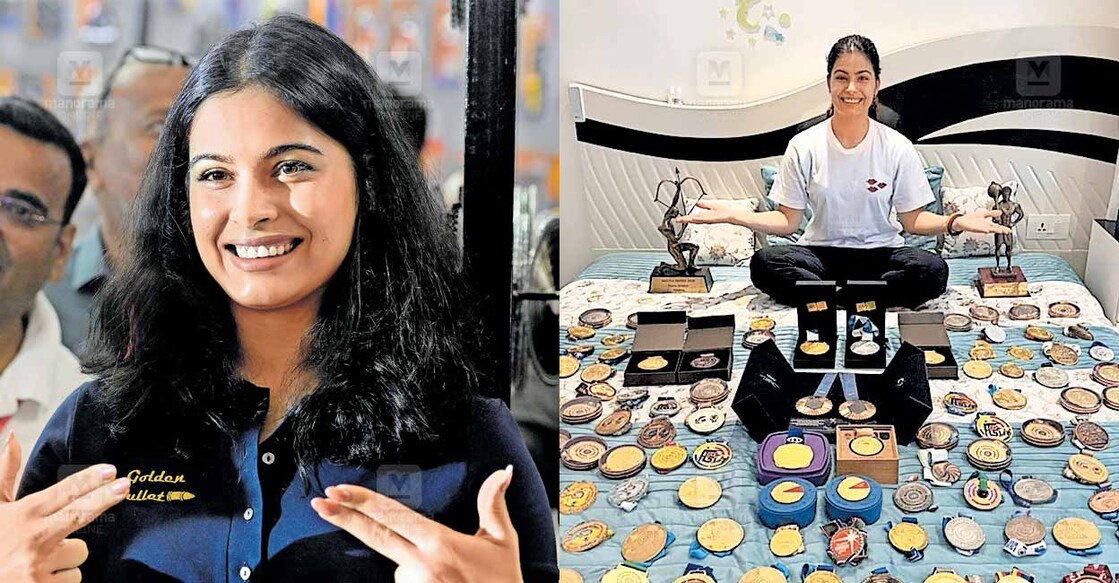 മനു ഭാക്കർ ന്യൂഡൽഹിയിൽ രാജ്യാന്തര മെഷീൻ ടൂൾസ് എക്സ്പോയ്ക്ക് എത്തിയപ്പോൾ. ചിത്രം: ജോസ്കുട്ടി പനയ്ക്കൽ / മനോരമ 