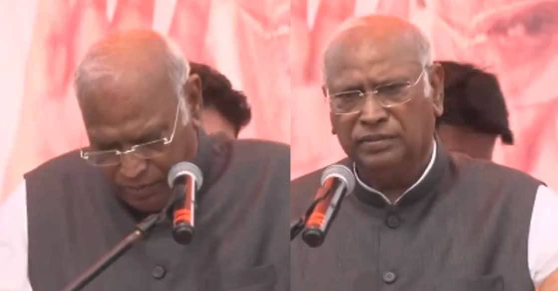 പ്രസംഗത്തിനിടെ മല്ലികാർജുൻ ഖർഗെയ്‌ക്ക് ദേഹാസ്വാസ്ഥ്യം അനുഭവപ്പെട്ടപ്പോൾ (ഇടത്), ഖർഗെ പ്രസംഗം തുടർന്നപ്പോൾ (വലത്) ചിത്രം: X/ANI
