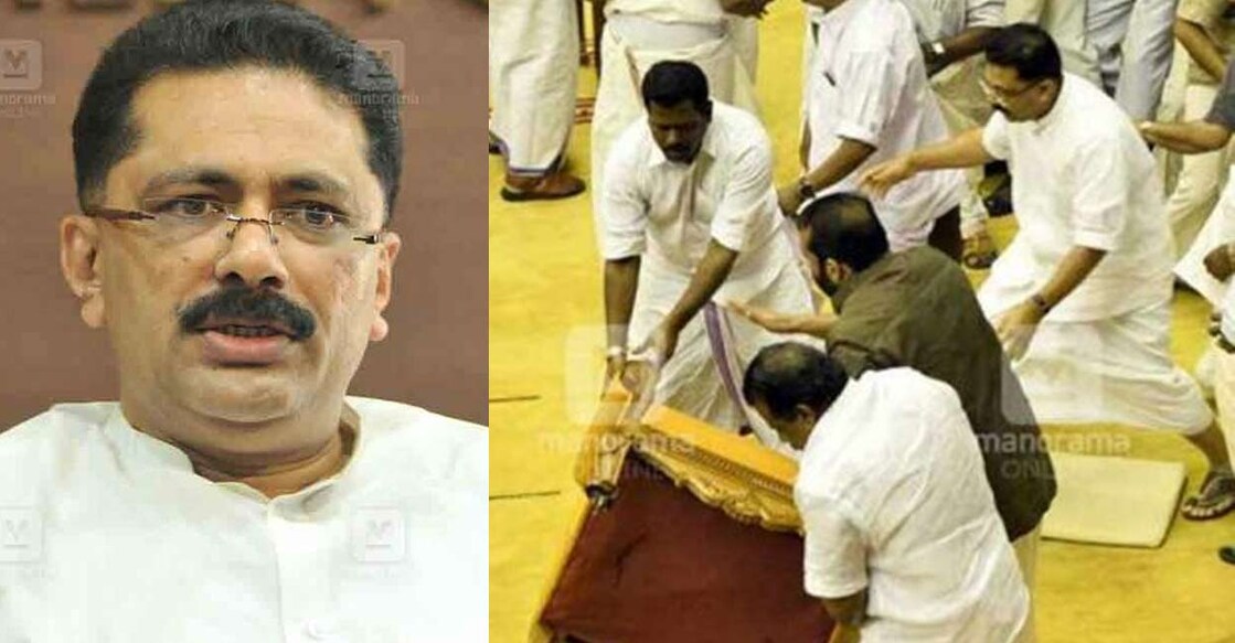 kt-jaleel-speaker-chair-0509 കെ.ടി.ജലീൽ (ഇടത്), നിയമസഭയിൽ 2015ലെ അവതരണത്തിനിടെ സ്പീക്കറുടെ കസേര തള്ളിയിടുന്ന കെ.ടി.ജലീൽ ഉൾപ്പെടെയുള്ളവർ (വലത്)
