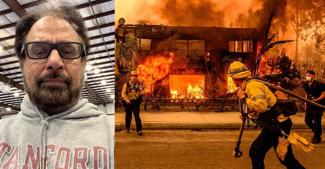 thampy-antony-los-angeles-wildfire തമ്പി ആന്റണി (Photo: Facebook/Thekkek), ലൊസാഞ്ചലസിൽ കാട്ടുതീയിൽപ്പെട്ട ഭവനസമുച്ചയത്തിലെ തീയണയ്ക്കാൻ ശ്രമിക്കുന്ന അഗ്നിരക്ഷാസേനാംഗങ്ങൾ. (Photo by JOSH EDELSON / AFP)