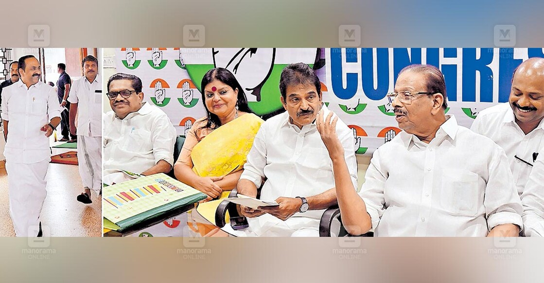 udf-meeting ഓടിക്കയറാൻ... ഇന്ദിരാഭവനിൽ നടന്ന കെപിസിസി രാഷ്ട്രീയകാര്യ സമിതി യോഗത്തിൽ പങ്കെടുക്കുന്ന വി.എം.സുധീരൻ, എഐസിസി ജനറൽ സെക്രട്ടറിമാരായ ദീപ ദാസ്മുൻഷി, കെ.സി.വേണുഗോപാൽ, കെപിസിസി പ്രസിഡന്റ് കെ.സുധാകരൻ, എം.ലിജു എന്നിവർ. അൽപം വൈകിയ പ്രതിപക്ഷ നേതാവ് വി.ഡി.സതീശൻ യോഗസ്ഥലത്തേക്ക് ഓടിക്കയറുന്നതാണ് ഇടതുവശത്തെ ചിത്രം.
ചിത്രം: ജെ.സുരേഷ് / മനോരമ