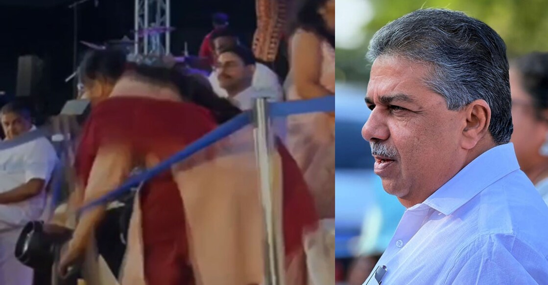 1. ഉമ തോമസ് വീഴുന്നത് കാണുന്ന സജി ചെറിയാൻ (ഇടത്തേ അറ്റം), 2. സജി ചെറിയാൻ (Photo : Facebook)