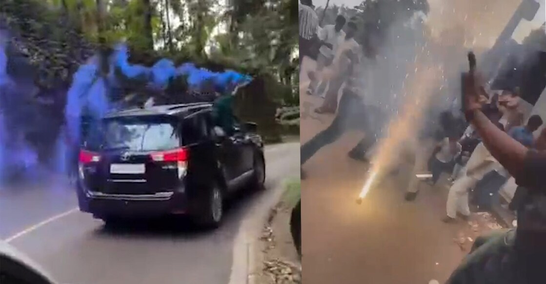 റോഡിൽ പടക്കം പൊട്ടിച്ചും പൂത്തിരി കത്തിച്ചും യുവാക്കൾ; കാറിന്റെ ഡോറിലിരുന്നും യാത്ര