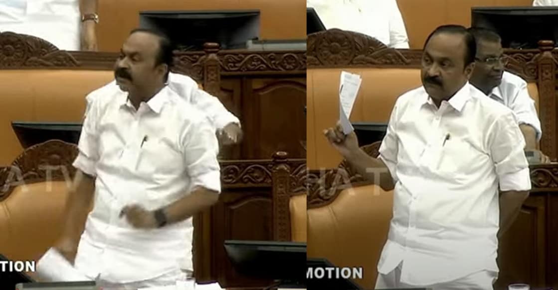 vd-satheesan-sabha വി.ഡി.സതീഷൻ സഭയിൽ ക്ഷുഭിതനായി പേപ്പർ വലിച്ചെറിയുന്നു (Photo: Sabha TV/Youtube)
