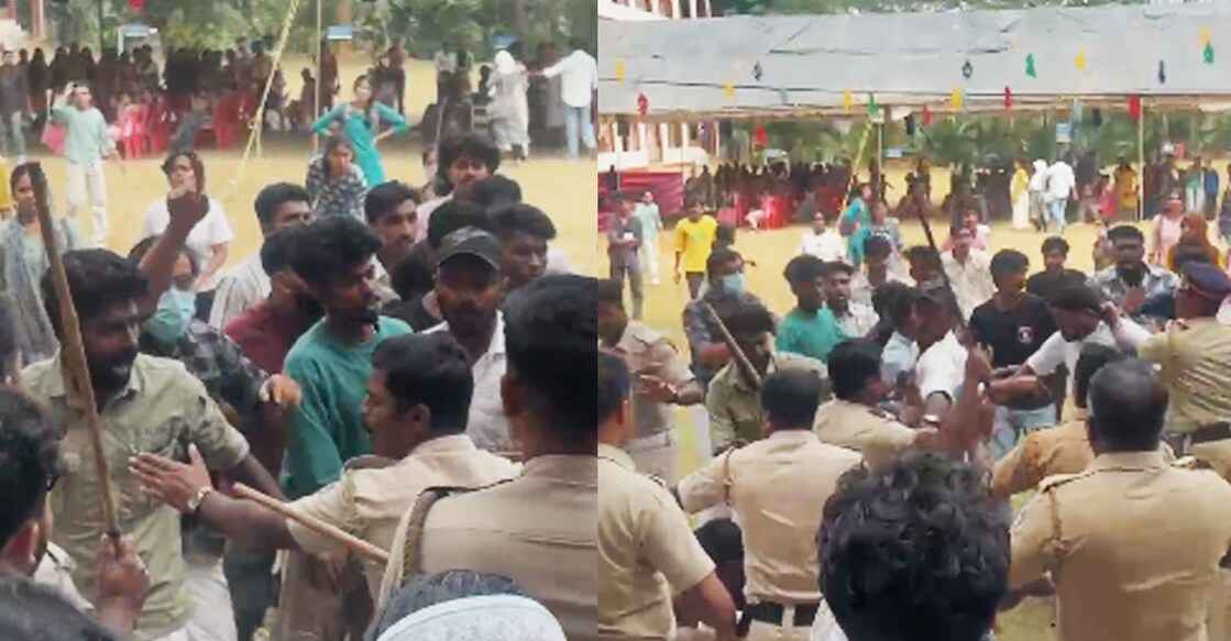   പുല്‍പ്പള്ളി പഴശിരാജ കോളജില്‍ നടന്നുവരുന്ന എഫ് സോണ്‍ കലോത്സവത്തിനിടെ എസ്എഫ്ഐ– കെഎസ്‌യു പ്രവർത്തകർ തമ്മിലുണ്ടായ സംഘർഷം (വിഡിയോ ദൃശ്യങ്ങളിൽനിന്ന്)