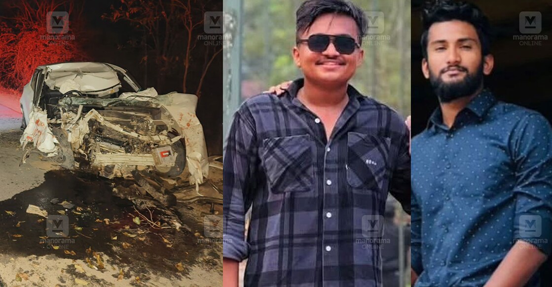 bengaluru-accident-death-180201 ബെന്നാർഘട്ട റാഗിഹള്ളിയിൽ മരത്തിലിടിച്ച് തകർന്ന കാർ (ഇടത്), അപകടത്തിൽ മരിച്ച അർഷ് പി.ബഷീർ (23), മുഹമ്മദ് ഷാഹൂഖ് (28)