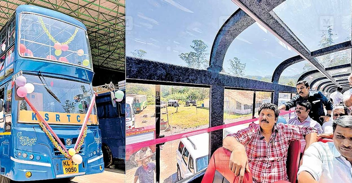 1. മൂന്നാറിൽ ഇന്നലെ മന്ത്രി ഗണേഷ്കുമാർ ഉദ്ഘാടനം ചെയ്ത റോയൽവ്യൂ ഡബിൾ ഡെക്കർ ബസ്. 
2. ബസിന്റെ മുകൾത്തട്ടിലിരുന്ന് എംഎൽഎ എ.രാജയോടൊപ്പം യാത്ര ചെയ്യുന്ന മന്ത്രി ഗണേഷ്കുമാർ. 
ചിത്രം: റെജു അർനോൾഡ് ∙ മനോരമ  
