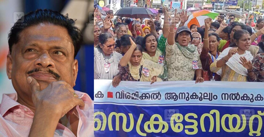 മങ്കൊമ്പ് ഗോപാലകൃഷ്ണൻ, ആശാ വർക്കർമാരുടെ സെക്രട്ടേറിയറ്റ് ഉപരോധത്തിൽനിന്ന്. (ചിത്രം: മനോരമ)