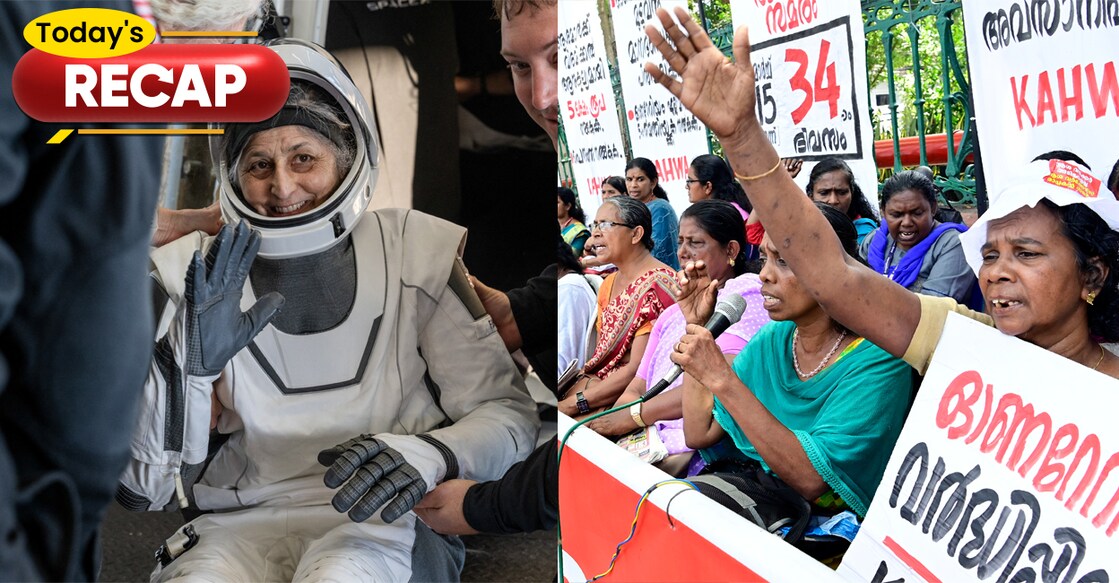 1. സുനിത വില്യംസ് തിരികെയെത്തിയപ്പോൾ (Photo by Nasa/AFP), 2. ആശാവർക്കർമാരുടെ സമര വേദിയിൽ നിന്ന് (ചിത്രം∙മനോരമ)
