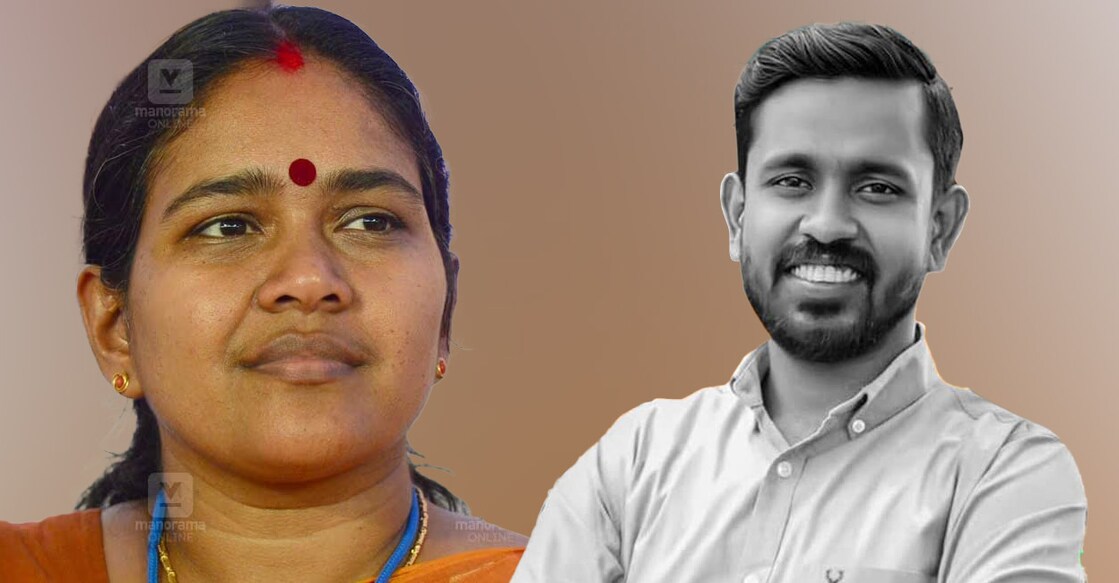 1. ശോഭാ സുരേന്ദ്രൻ (ചിത്രം: മനോരമ), 2. യൂത്ത് കോൺഗ്രസ് മലപ്പുറം ജില്ലാ പ്രസിഡന്റ് ഹാരിസ് മുഡൂർ (Picture courtesy: facebook)