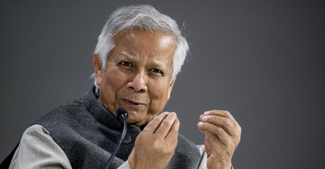 SWITZERLAND-DAVOS-POLITICS-ECONOMY Bangladesh's interim leader Muhammad Yunus speaks at a session during the World Economic Forum (WEF) annual meeting in Davos on January 22, 2025. (Photo by FABRICE COFFRINI / AFP)
