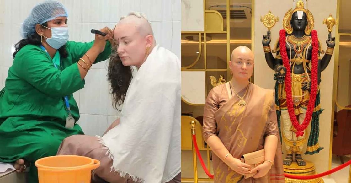 തിരുപ്പതിയിൽ തല മുണ്ഡനം ചെയ്യുന്ന പവൻ കല്യാണിന്റെ ഭാര്യ അന്ന (Photo: X/JanaSenaParty)