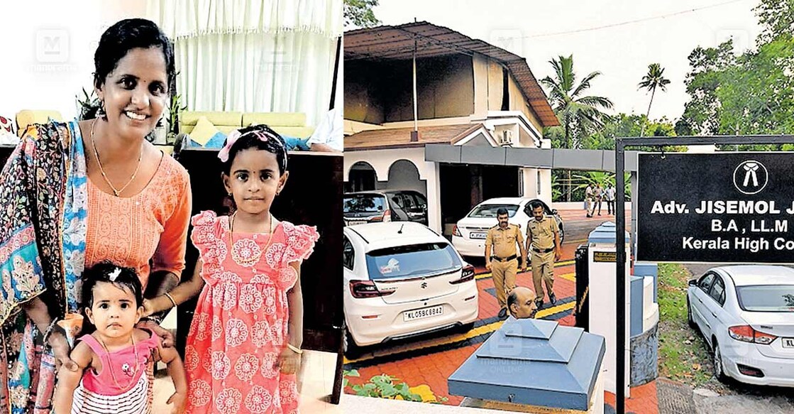 1) മരിച്ച ജിസ്മോൾ, നോറ, നേഹ എന്നിവർ. 2) മീനച്ചിലാറ്റിൽ ചാടി മരിച്ച ജിസ്മോളുടെ അയർക്കുന്നം നീറിക്കാട്ടെ തൊണ്ണൻമാവുങ്കൽ വീട്. ചിത്രം: മനോരമ  