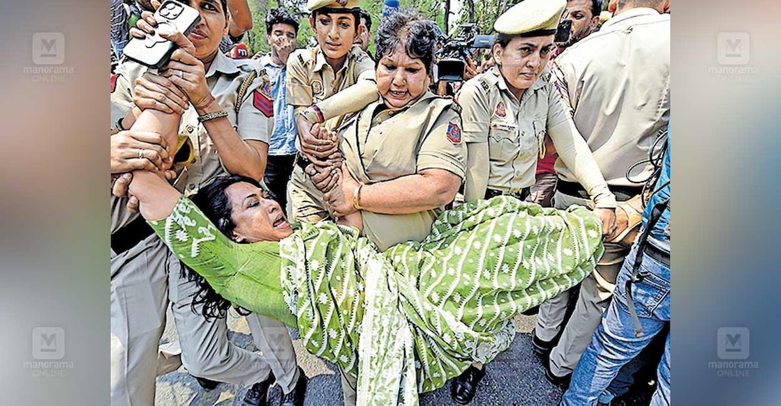police-arrest-shema-muhammad ഡൽഹിയിൽ കോൺഗ്രസ് നടത്തിയ പ്രതിഷേധത്തിനിടെ, പാർട്ടി വക്താവ് ഷമ മുഹമ്മദിനെ പൊലീസ് അറസ്റ്റ് ചെയ്ത് കൊണ്ടുപോകുന്നു. ചിത്രം:
രാഹുൽ ആർ.പട്ടം / മനോരമ