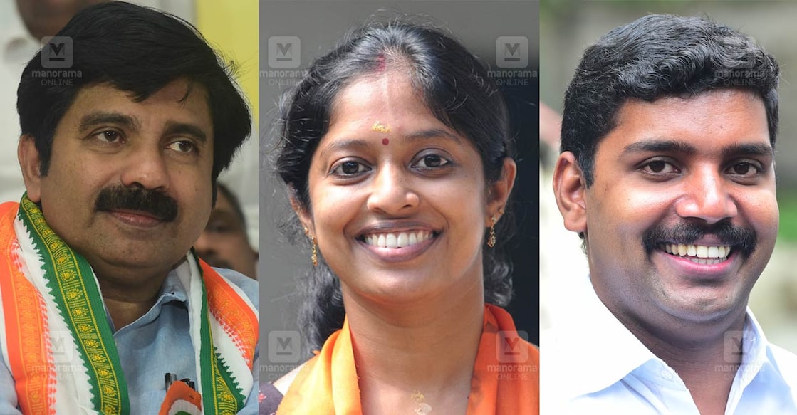 aryadan-shaoukath-navya-haridas-vs-joy ആര്യാടൻ ഷൗക്കത്ത്, വി.എസ്.ജോയ്, നവ്യ ഹരിദാസ് (ചിത്രം: മനോരമ)