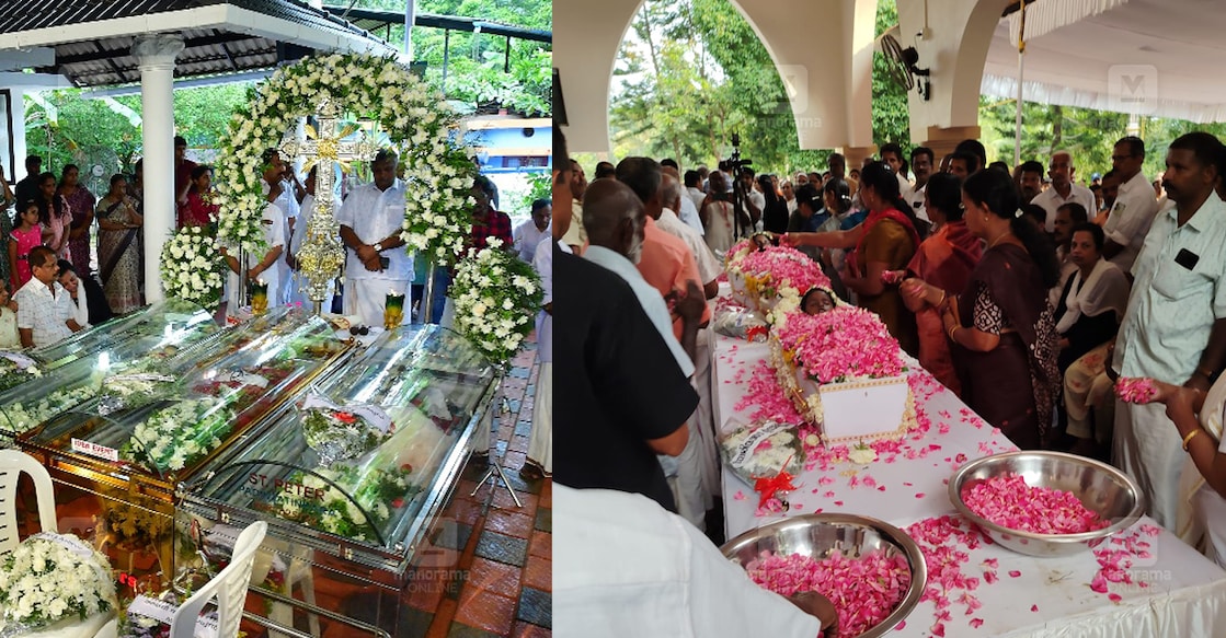 jismol-funeral ജിസ്മോളുടെയും മക്കളുടെയും മൃതദേഹങ്ങൾ നീറിക്കാട് ലൂർദ് മാതാ പള്ളി ഹാളിലും ജിസ്മോളുടെ വീട്ടിലും എത്തിച്ചപ്പോൾ അന്ത്യാഞ്ജലി അർപ്പിക്കുന്നവർ. ഫോട്ടോ: മനോരമ