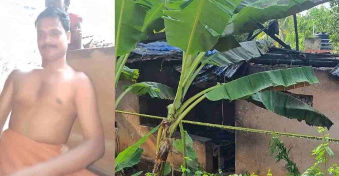 മനോജ്, തീപിടിച്ച വീട്. ചിത്രം: മനോരമ ന്യൂസ്