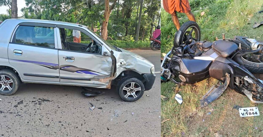 car-accident വരദൂരിൽ അപകടത്തിൽ തകർന്ന കാറും ബൈക്കും