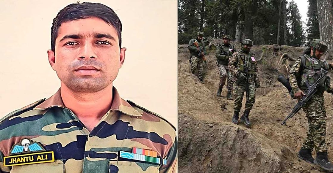 Udhampur Encounter 1). വീരമൃത്യു വരിച്ച ഹവിൽദാർ ജണ്ടു അലി ഷെയ്ഖ് (Photo:X/@Whiteknight_IA), 2). പഹൽഗാമിൽ തിരച്ചിൽ കഴിഞ്ഞു മടങ്ങുന്ന സൈനികർ (Photo by TAUSEEF MUSTAFA / AFP)