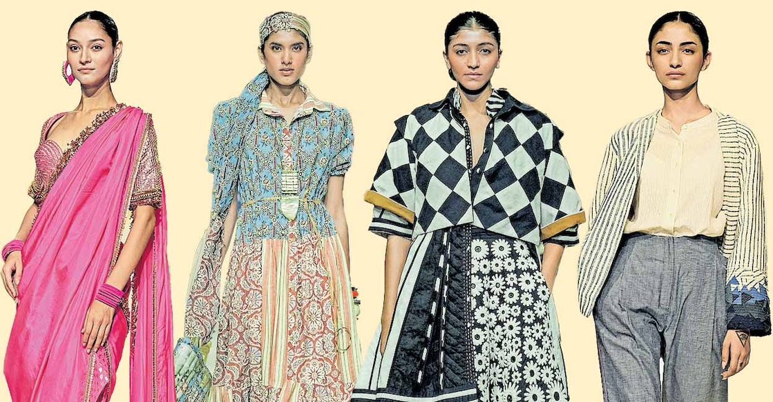 khadi-fashion-models 1) നികാഷ തവാദേയുടെ ഡിസൈൻ 2) കരിഷ്മ ശാഹനി ഖാന്റെ ഡിസൈൻ 3) നികി മഹാജാന്റെ ഡിസൈൻ 4) സിഒഎകെ– ഖാദി ഇന്ത്യ കലക്ഷൻ