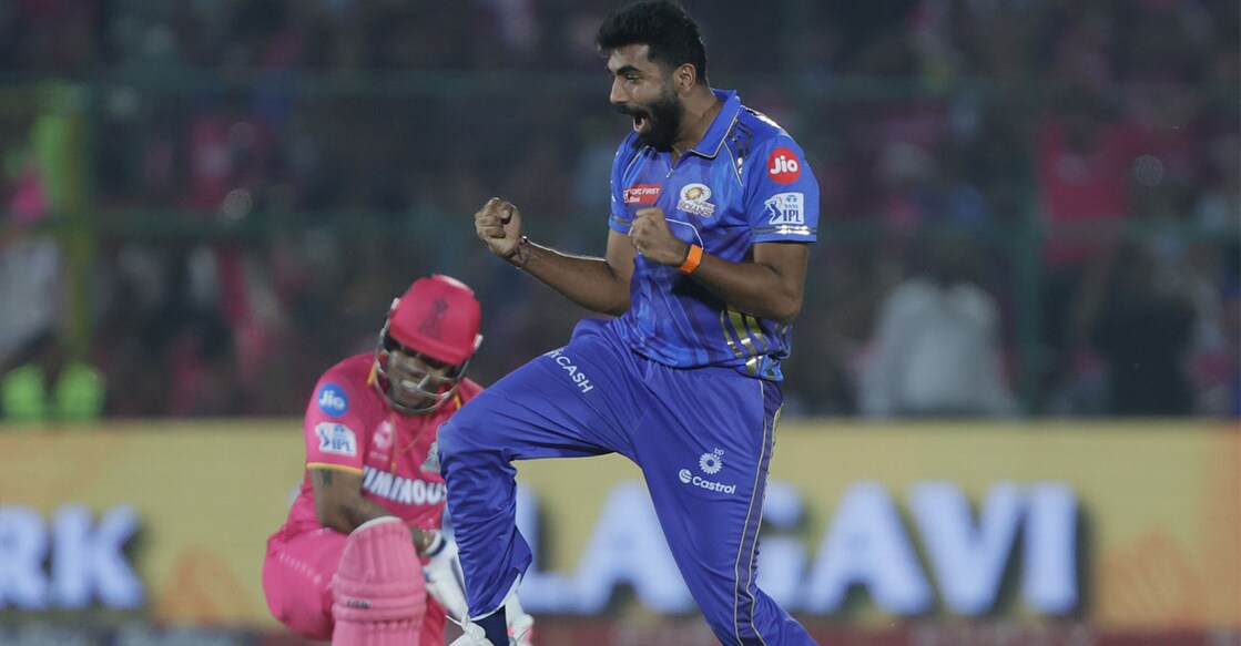 bumrah-mumbai-0105 രാജസ്ഥാൻ താരം ഷിമ്രോൺ ഹെറ്റ്മെയറുടെ വിക്കറ്റ് വീഴ്ത്തിയ മുംബൈ ബോളർ ജസ്പ്രീത് ബുമ്രയുടെ ആഹ്ലാദം. ചിത്രം: X/IPL
