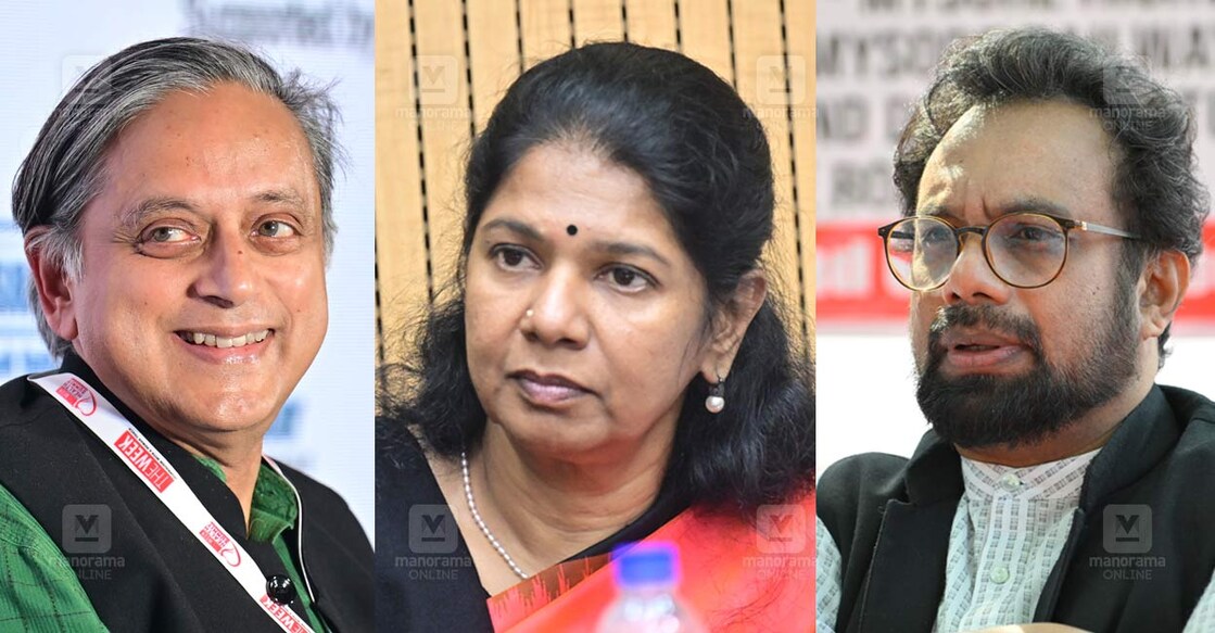 shashi-tharoor-k-kanimozhi-john-brittas ശശി തരൂർ, കെ.കനിമൊഴി, ജോൺ ബ്രിട്ടാസ് (ചിത്രം: മനോരമ)