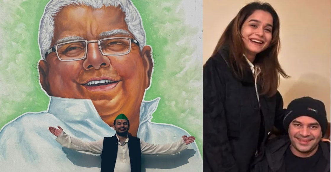 rjd-jpeg 1) തേജ് പ്രതാപ് യാദവ് ലാലു പ്രസാദ് യാദവിന്റെ ചിത്രത്തിന് മുന്നിൽ (Photo : @TejYadav14/x), 2) തേജ് പ്രതാപ് യാദവ് അനുഷ്ക യാദവിനൊപ്പം (Photo : Special Arrangement)