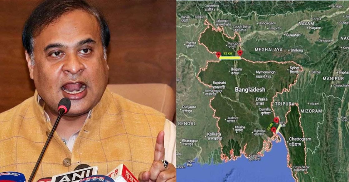 Himanta-Biswa-Sarma ഹിമന്ത ബിശ്വ ശർമ (File Photo:PTI), ഹിമന്ത എക്സിൽ പങ്കുവച്ച കുപ്പിക്കഴുത്ത് മേഖലകൾ അടയാളപ്പെടുത്തിയ ബംഗ്ലദേശിന്റെ ഭൂപടം (Photo:X/@himantabiswa)