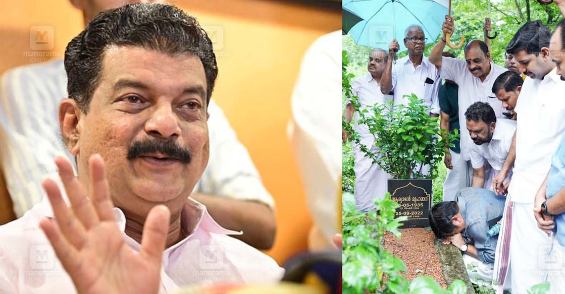 PV Anvar Aryadan Shoukath പി.വി.അൻവർ, ആര്യാടൻ മുഹമ്മദിന്റെ കബറിടത്തിൽ പ്രാർഥിക്കുന്ന ആര്യാടൻ ഷൗക്കത്ത് (ചിത്രം: മനോരമ)