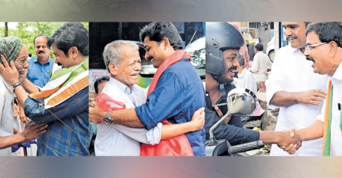 nilambur-election-candidates ഒറ്റച്ചോദ്യം: നിലമ്പൂർ മണ്ഡലത്തിലെ പ്രചാരണദൃശ്യം. 1) യുഡിഎഫ് സ്ഥാനാർഥി ആര്യാടൻ ഷൗക്കത്ത്, 2)എൽഡിഎഫ് സ്ഥാനാർഥി എം.സ്വരാജ്, 3) ബിജെപി സ്ഥാനാർഥി മോഹൻ ജോർജ്.