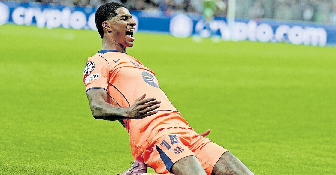 ഗോൾ നേടിയ ബാർസിലോന താരം മാർക്കസ് റാഷ്ഫഡിന്റെ ആഹ്ലാദം.