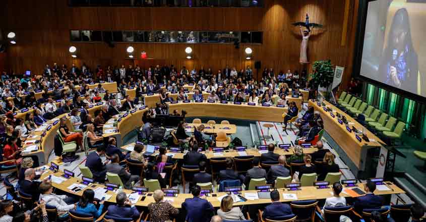 UNITED NATIONS, Sept. 21, 2019 (Xinhua) -- Photo taken on Sept. 21, 2019 shows the United Nations Youth Climate Summit held at the UN headquarters in New York, Sept. 21, 2019. UN Secretary-General Antonio Guterres on Saturday said he saw a change in the momentum of global climate action thanks to the ongoing youth movement. (Xinhua/Li Muzi/IANS) UNITED NATIONS, Sept. 21, 2019 (Xinhua) -- Photo taken on Sept. 21, 2019 shows the United Nations Youth Climate Summit held at the UN headquarters in New York, Sept. 21, 2019. UN Secretary-General Antonio Guterres on Saturday said he saw a change in the momentum of global climate action thanks to the ongoing youth movement. (Xinhua/Li Muzi/IANS)