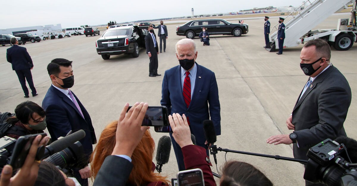 U.S. President Joe Biden speaks to the media before boarding Air Force One to depart John Glenn Columbus International Airport in Columbus, Ohio, U.S., March 23, 2021. Photo Credit : Reuters/Leah Millis