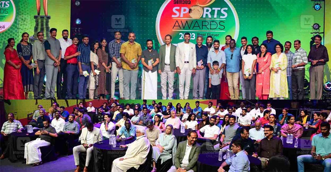 group-photo-and-crowd 1. സാന്റാ മോണിക്ക സ്റ്റഡി അബ്രോഡിന്റെ സഹകരണത്തോടെ മലയാള മനോരമ കൊച്ചിയിൽ നടത്തിയ സ്പോർട്സ് സ്റ്റാർ 2023, സ്പോർട്സ് ക്ലബ് 2023 പുരസ്കാരദാന ചടങ്ങിൽ എത്തിയ പ്രമുഖ കായിക താരങ്ങൾ മുഖ്യാതിഥി രോഹൻ ബൊപ്പണ്ണ, സാന്റാ മോണിക്ക ചെയർമാനും, എംഡി യുമായ ഡെന്നി തോമസ് വട്ടക്കുന്നേൽ, വിജയ് യേശുദാസ്, മലയാള മനോരമ അസ്സോസിയേറ്റ് എഡിറ്റർ പി.ജെ ജോർജ് എന്നിവരുമൊത്ത്, 2. സാന്റാ മോണിക്ക സ്റ്റഡി അബ്രോഡിന്റെ സഹകരണത്തോടെ മലയാള മനോരമ കൊച്ചിയിൽ നടത്തിയ സ്പോർട്സ് സ്റ്റാർ 2023, സ്പോർട്സ് ക്ലബ് 2023 പുരസ്കാരദാന ചടങ്ങിൽ നിന്ന്. ചിത്രങ്ങൾ : ഇ വി ശ്രീകുമാര് ∙ മനോരമ