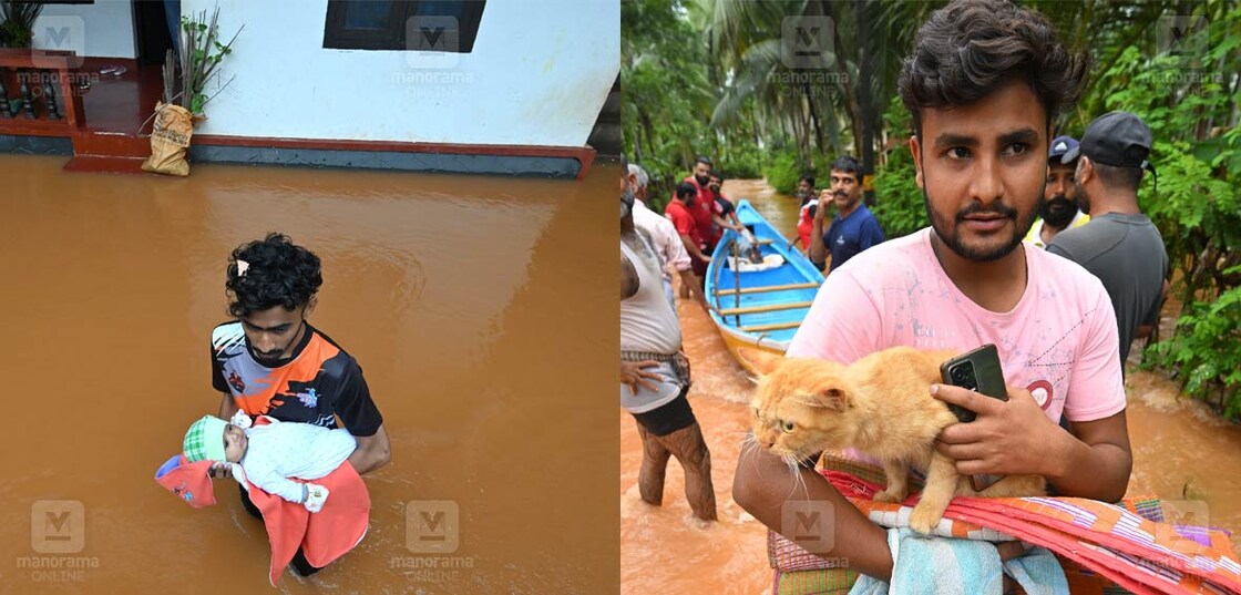 (1) കരുതൽച്ചൂടിൽ: കാസർകോട് പട്‌ലയിൽ ശക്തമായ മഴയെത്തുടർന്ന് വെള്ളം കയറാൻ തുടങ്ങിയ വീട്ടിൽനിന്ന് 3 മാസം പ്രായമായ അനന്തരവളെയും എടുത്ത് ബന്ധുവീട്ടിലേക്കു മാറുന്ന യുവാവ്. കനത്ത മഴ കാരണം 33 പേരെ പട്‌ലയിൽനിന്നു മാറ്റിപ്പാർപ്പിച്ചിട്ടുണ്ട്.  (2) ശക്തമായ മഴയ്ക്കിടെ വെള്ളം കയറാൻ തുടങ്ങിയ കാസർകോട് പട്‌ലയിലെ വീടുകളിൽ നിന്നും ആളുകളെ മാറ്റുന്നതിനിടെ വളർത്തു പൂച്ചയുമായി സുരക്ഷിത സ്ഥാനത്തേക്ക് മാറുന്നയാൾ. ചിത്രം : അഭിജിത്ത് രവി ∙ മനോരമ 