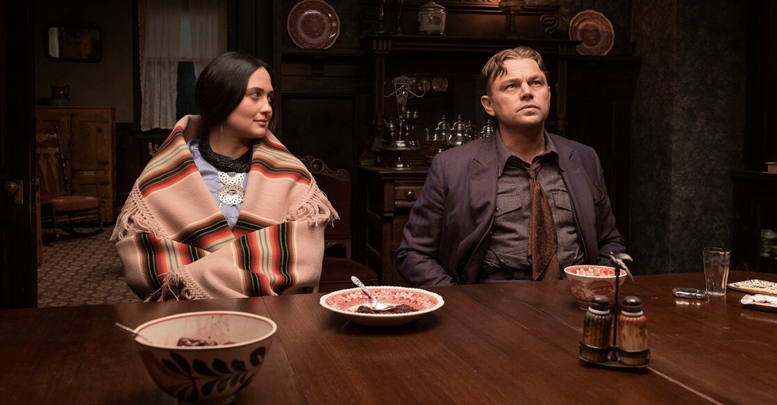 Awards Season This image released by Apple TV+ shows Lily Gladstone, left, and Leonardo DiCaprio in a scene from "Killers of the Flower Moon." (Melinda Sue Gordon/Apple TV+ via AP)