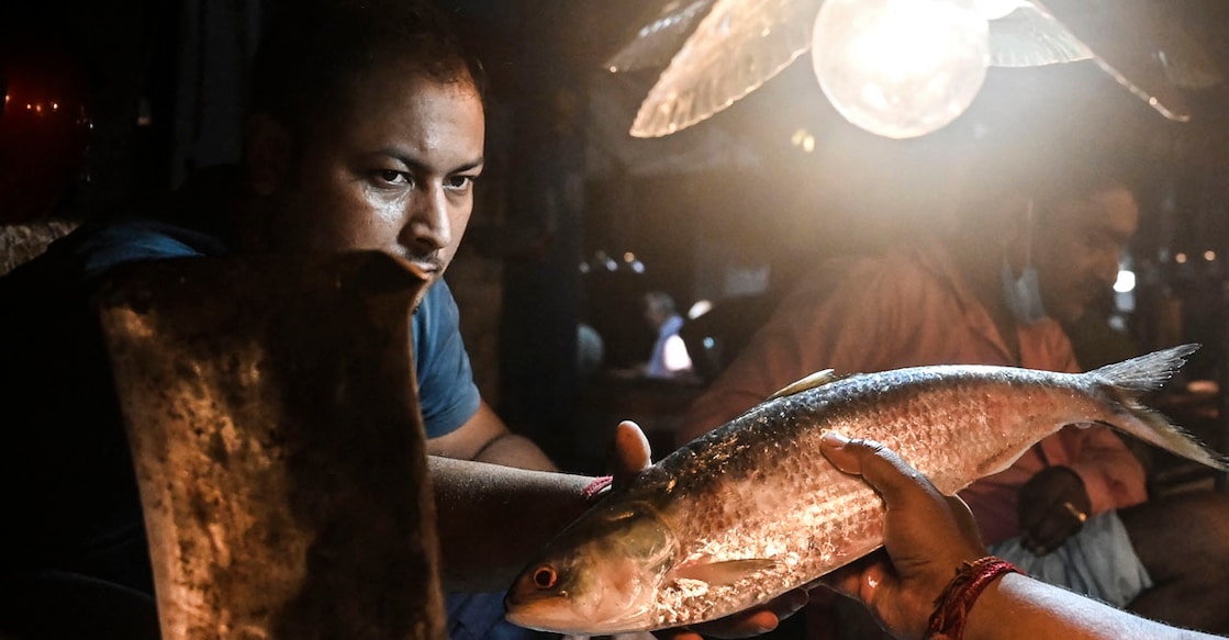 INDIA-ECONOMY-FISHING A fish vendor arranges Hilsa fish imported from Bangladesh at a wholesale fish market in Kolkata on September 24, 2021, ahead of the Durga Puja festival. (Photo by DIBYANGSHU SARKAR / AFP)