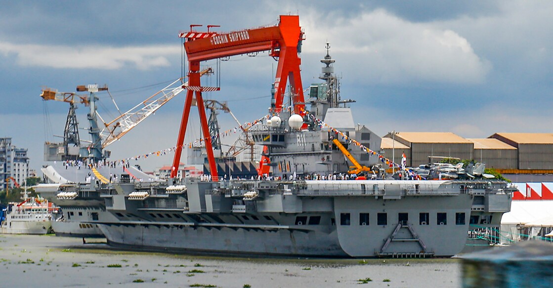 **EDS: HANDOUT PHOTO MADE AVAILABLE FROM DEFENCE PRO** Kochi: Glimpses of commissioning of India’s first indigenous aircraft carrier INS Vikrant by Prime Minister Narendra Modi at Cochin Shipyard Limited in Kochi, Friday, Sept. 2, 2022. (PTI Photo)(PTI09_02_2022_000054B)