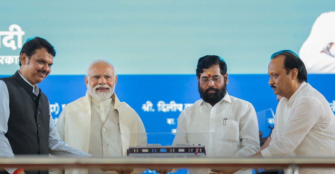 **EDS: IMAGE VIA PIB** Pune: Prime Minister Narendra with Maharashtra Chief Minister Eknath Shinde, Deputy Chief Ministers Devendra Fadnavis and Ajit Pawar during the inauguration and laying the foundation stone of various projects, in Pune, Tuesday, Aug. 1, 2023. (PTI Photo)(PTI08_01_2023_000242B)