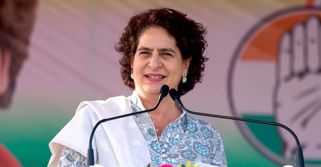 **EDS: IMAGE VIA @INCIndia** Kurud: AICC General Secretary Priyanka Gandhi Vadra addresses a public meeting for Chhattisgarh Assembly elections, in Kurud, Tuesday, Nov. 7, 2023. (PTI Photo)(PTI11_07_2023_000190B)