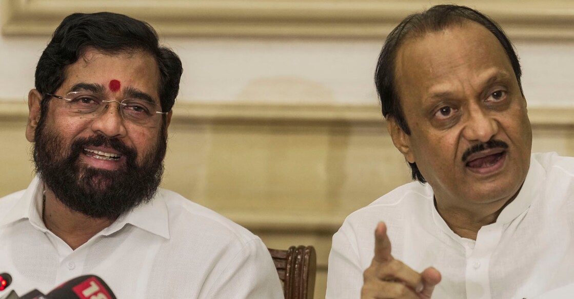 PTI08_22_2023_000139B Mumbai: Maharashtra Chief Minister Eknath Shinde and Deputy Chief Minister Ajit Pawar address a press conference, in Mumbai, Tuesday, Aug. 22, 2023. (PTI Photo/Kunal Patil)(PTI08_22_2023_000139B)
