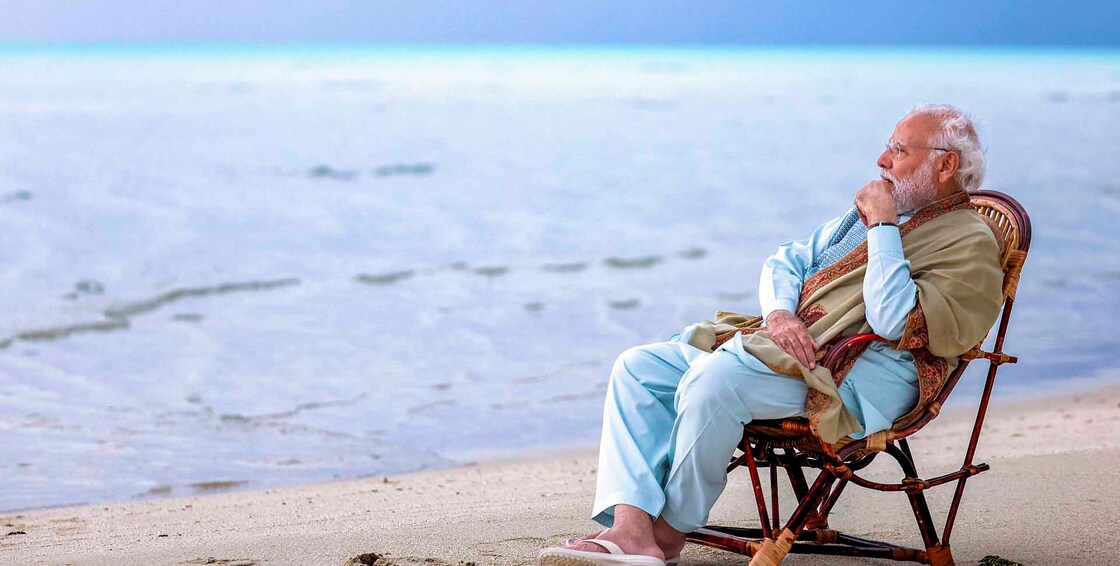 **EDS: IMAGE VIA PMO ON THURSDAY, JAN. 4, 2024** Lakshadweep: Prime Minister Narendra Modi during his visit to Bangaram, in Lakshadweep. (PTI Photo)(PTI01_04_2024_000234B)