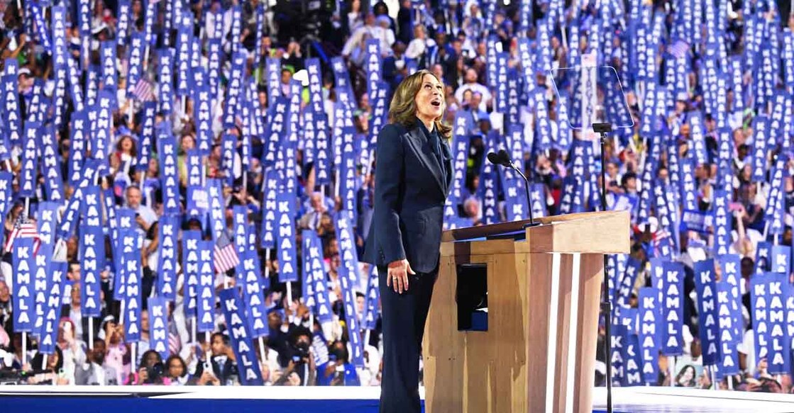 US-VOTE-POLITICS-DEMOCRATIC-CONVENTION US Vice President and 2024 Democratic presidential candidate Kamala Harris reacts as she arrives to speak on the fourth and last day of the Democratic National Convention (DNC) at the United Center in Chicago, Illinois, on August 22, 2024. - Vice President Kamala Harris formally accepted the party’s nomination for president today at the DNC which ran from August 19-22 in Chicago. (Photo by Robyn Beck / AFP)